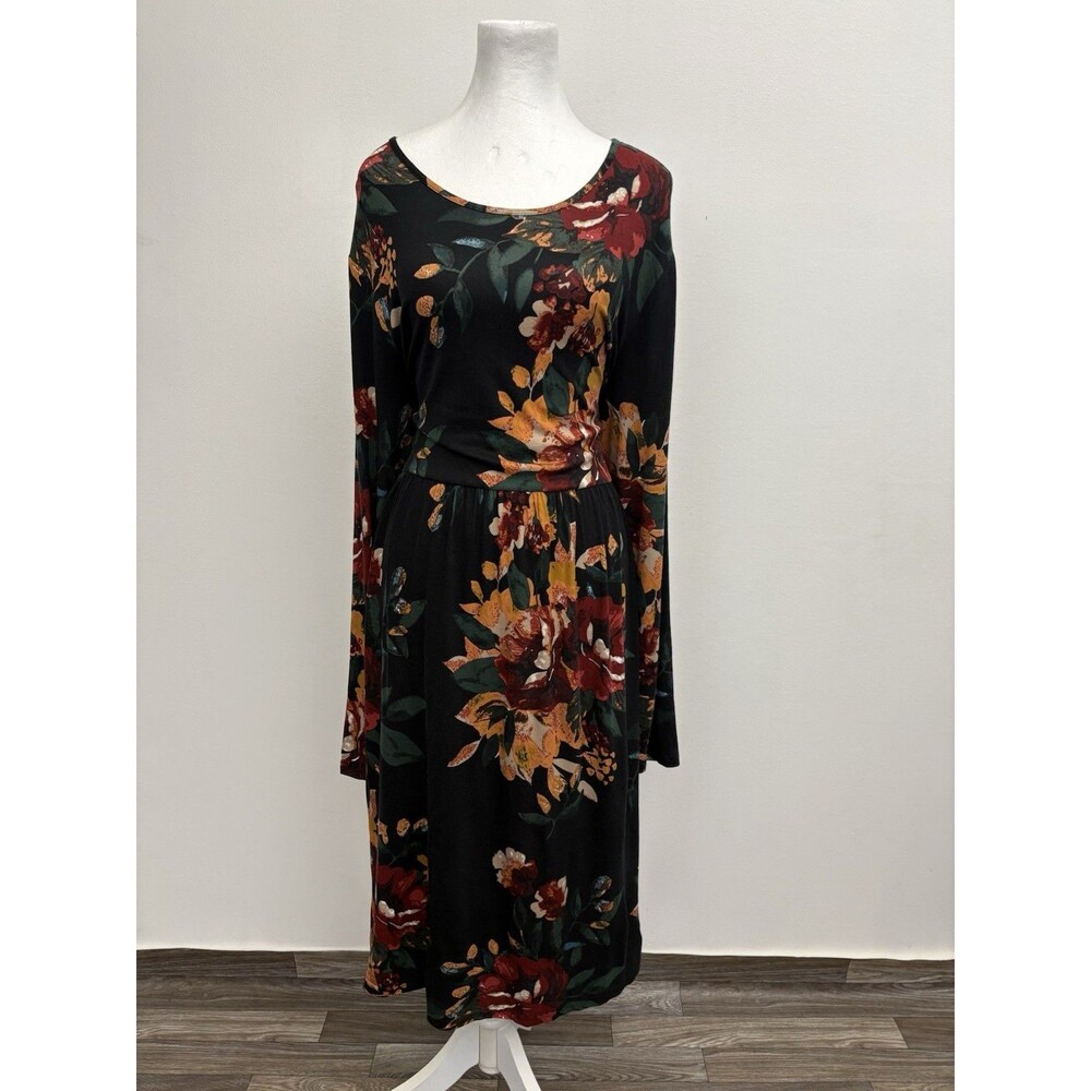 DB Moon Women's Black Floral Long Sleeve Dress Size 2XL Casual Midi With Pockets